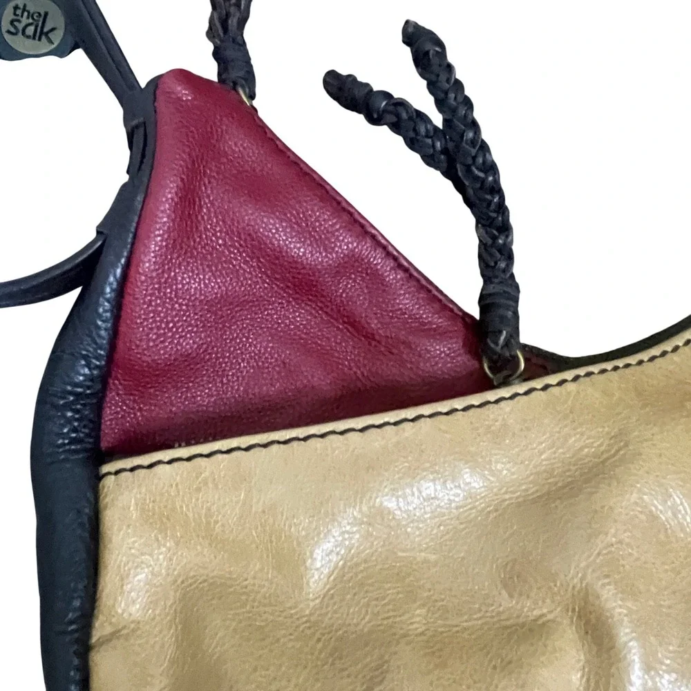 The Sak‎ Colorblock Leather Hobo Shoulder Bag Burgundy Beige Black Braided Strap